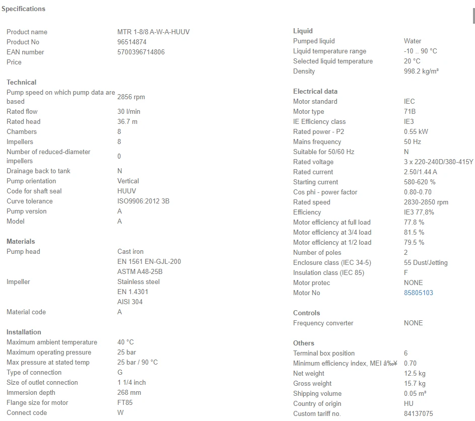 Grundfos MTR 1 8/8 A W A HUUV 0.55kW Stainless Steel Vertical Immersible Pump 415v 4 Grundfos MTR 1 8/8 A W A HUUV 0.55kW Stainless Steel Vertical Immersible Pump 415v - Image 4