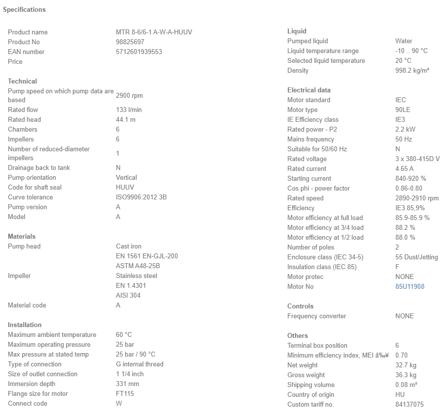 Grundfos MTR 8 6/6-1 A W A HUUV 2.2kW Stainless Steel Vertical Immersible Pump 415v 4 Grundfos MTR 8 6/6-1 A W A HUUV 2.2kW Stainless Steel Vertical Immersible Pump 415v - Image 4