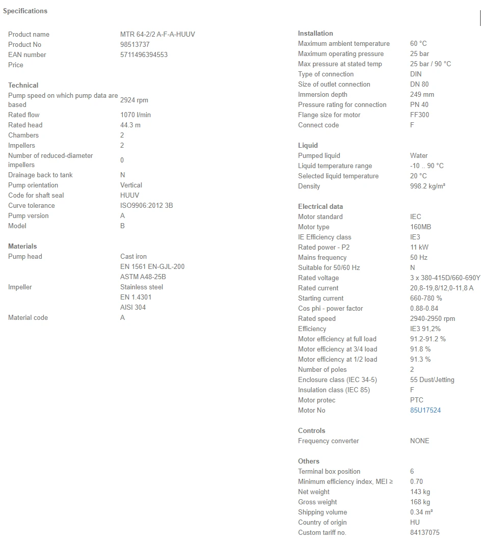 Grundfos MTR 64 2/2 A F A HUUV 11kW Stainless Steel Vertical Immersible Pump 415v 4 Grundfos MTR 64 2/2 A F A HUUV 11kW Stainless Steel Vertical Immersible Pump 415v - Image 4