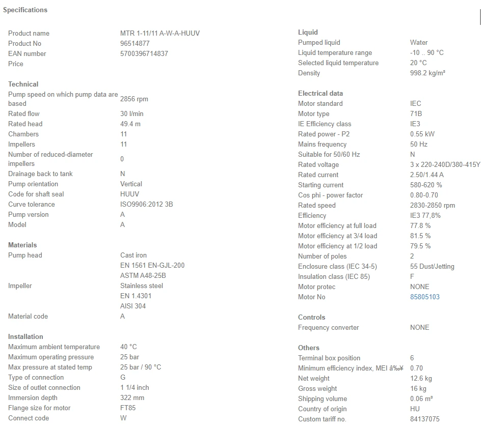 Grundfos MTR 1 11/11 A W A HUUV 0.55kW Stainless Steel Vertical Immersible Pump 415v 4 Grundfos MTR 1 11/11 A W A HUUV 0.55kW Stainless Steel Vertical Immersible Pump 415v - Image 4