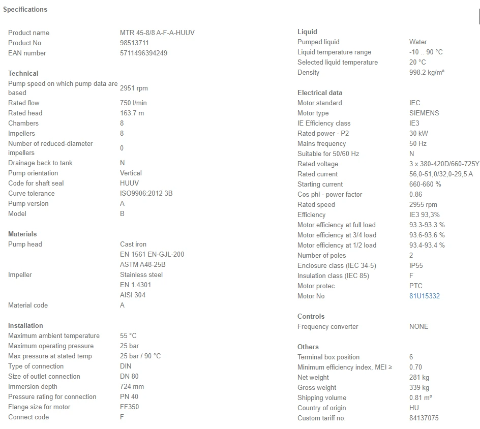 Grundfos MTR 45 8/8 A F A HUUV 30kW Stainless Steel Vertical Immersible Pump 415v 4 Grundfos MTR 45 8/8 A F A HUUV 30kW Stainless Steel Vertical Immersible Pump 415v - Image 4