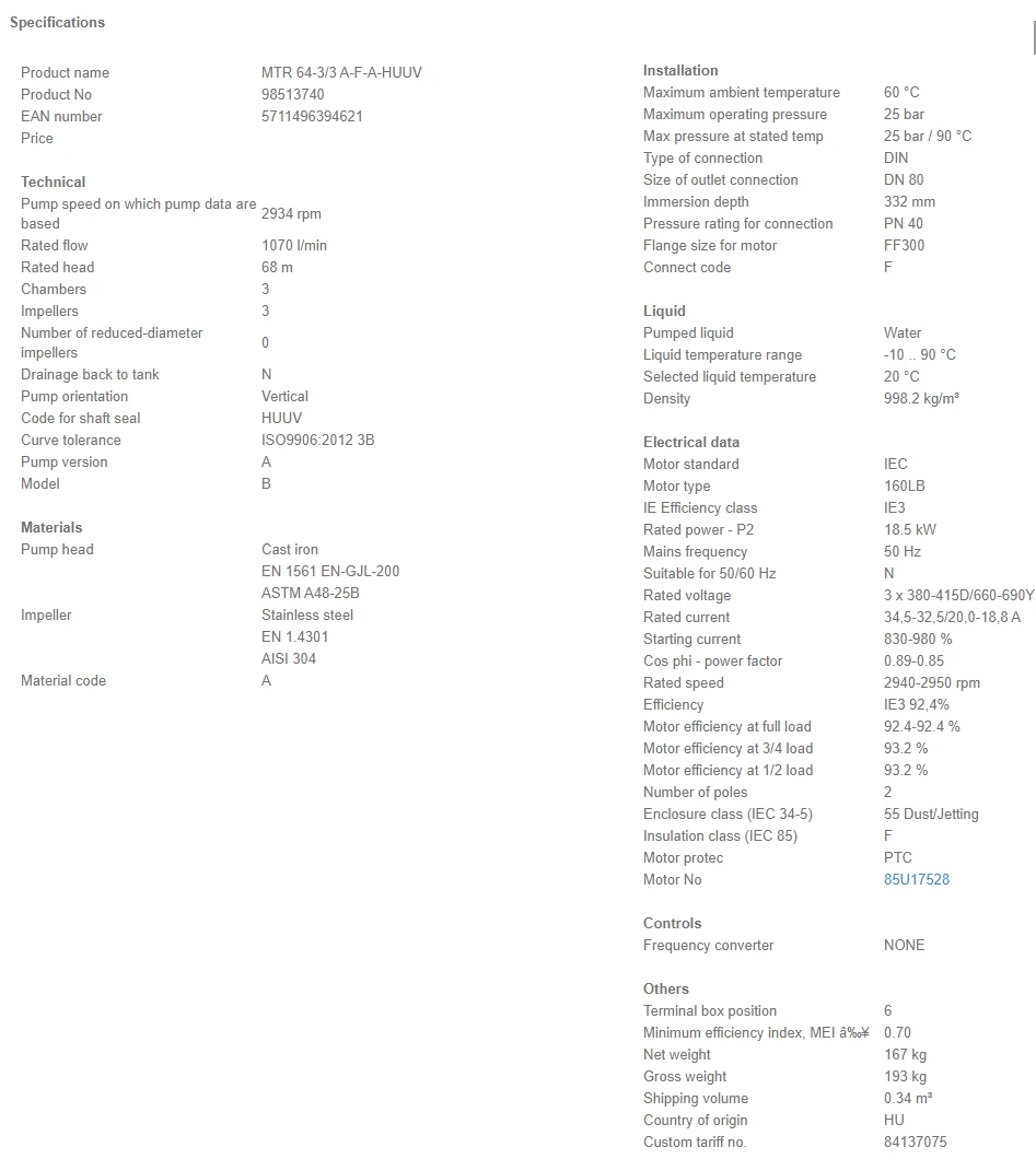 Grundfos MTR 64 3/3 A F A HUUV 18.5kW Stainless Steel Vertical Immersible Pump 415v 4 Grundfos MTR 64 3/3 A F A HUUV 18.5kW Stainless Steel Vertical Immersible Pump 415v - Image 4