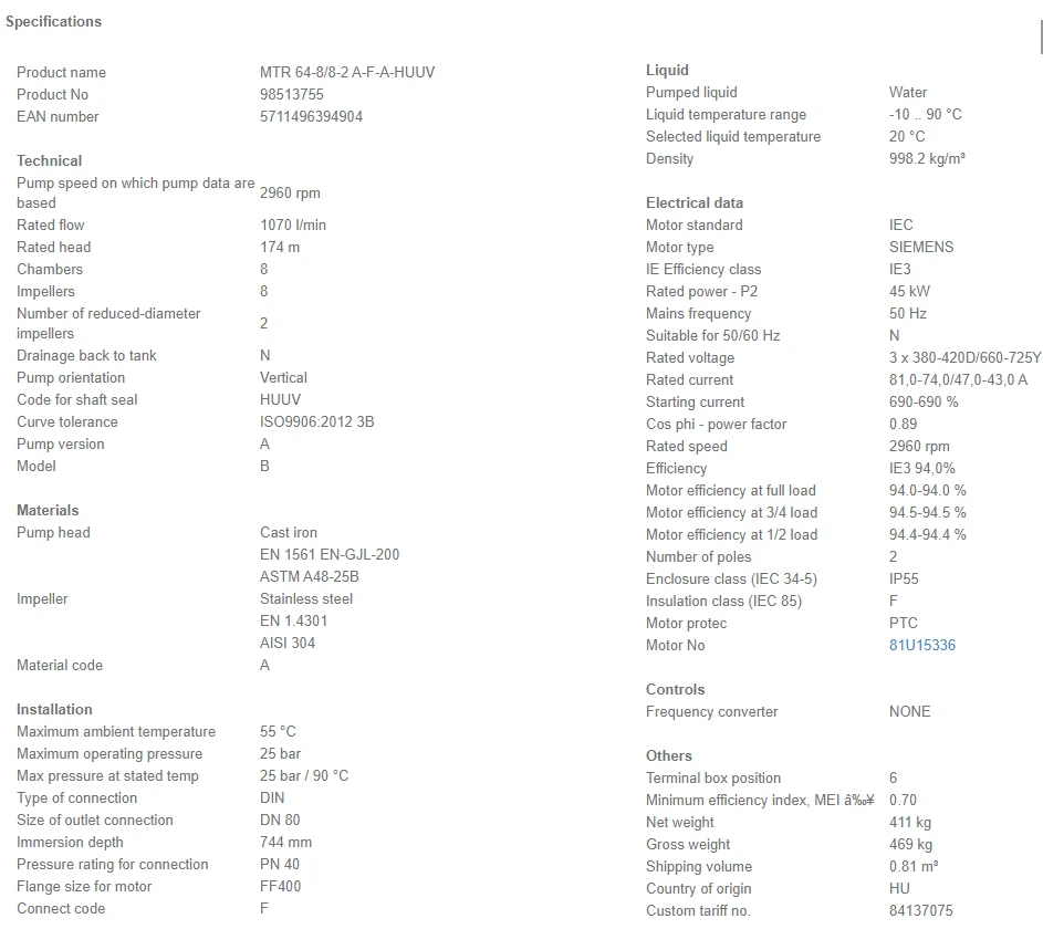 Grundfos MTR 64 8/8-2 A F A HUUV 45kW Stainless Steel Vertical Immersible Pump 415v 4 Grundfos MTR 64 8/8-2 A F A HUUV 45kW Stainless Steel Vertical Immersible Pump 415v - Image 4