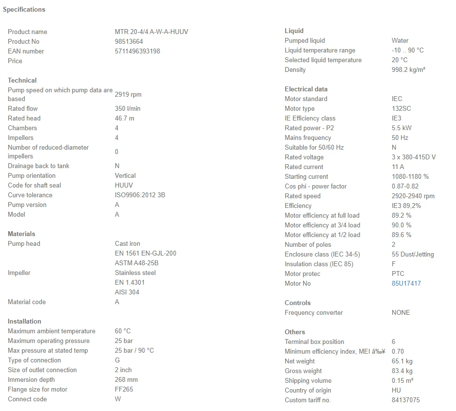 Grundfos MTR 20 4/4 A W A HUUV 5.5kW Stainless Steel Vertical Immersible Pump 415v 4 Grundfos MTR 20 4/4 A W A HUUV 5.5kW Stainless Steel Vertical Immersible Pump 415v - Image 4