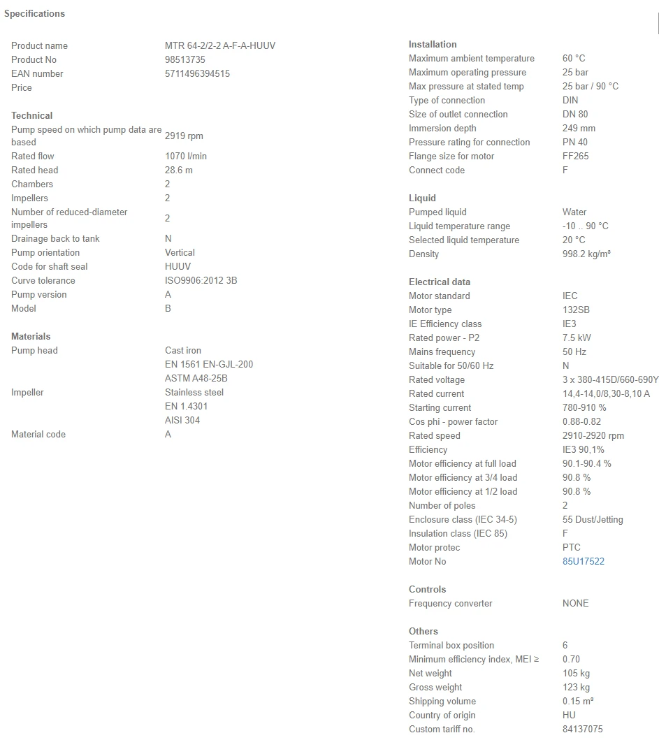 Grundfos MTR 64 2/2-2 A F A HUUV 7.5kW Stainless Steel Vertical Immersible Pump 415v 4 Grundfos MTR 64 2/2-2 A F A HUUV 7.5kW Stainless Steel Vertical Immersible Pump 415v - Image 4